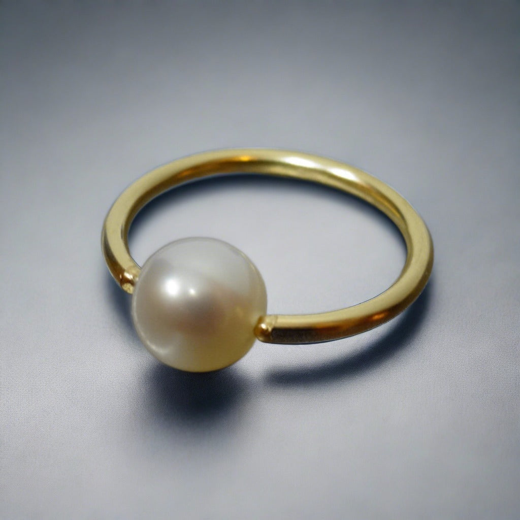 6mm White Pearl Captive Bead Ring - 14 ga Hoop - 14k Gold (Y, W, or R), Sterling Silver, or Platinum