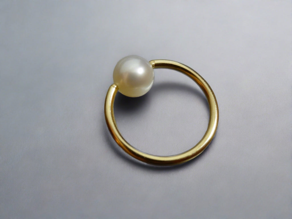 6mm White Pearl Captive Bead Ring - 14 ga Hoop - 14k Gold (Y, W, or R), Sterling Silver, or Platinum