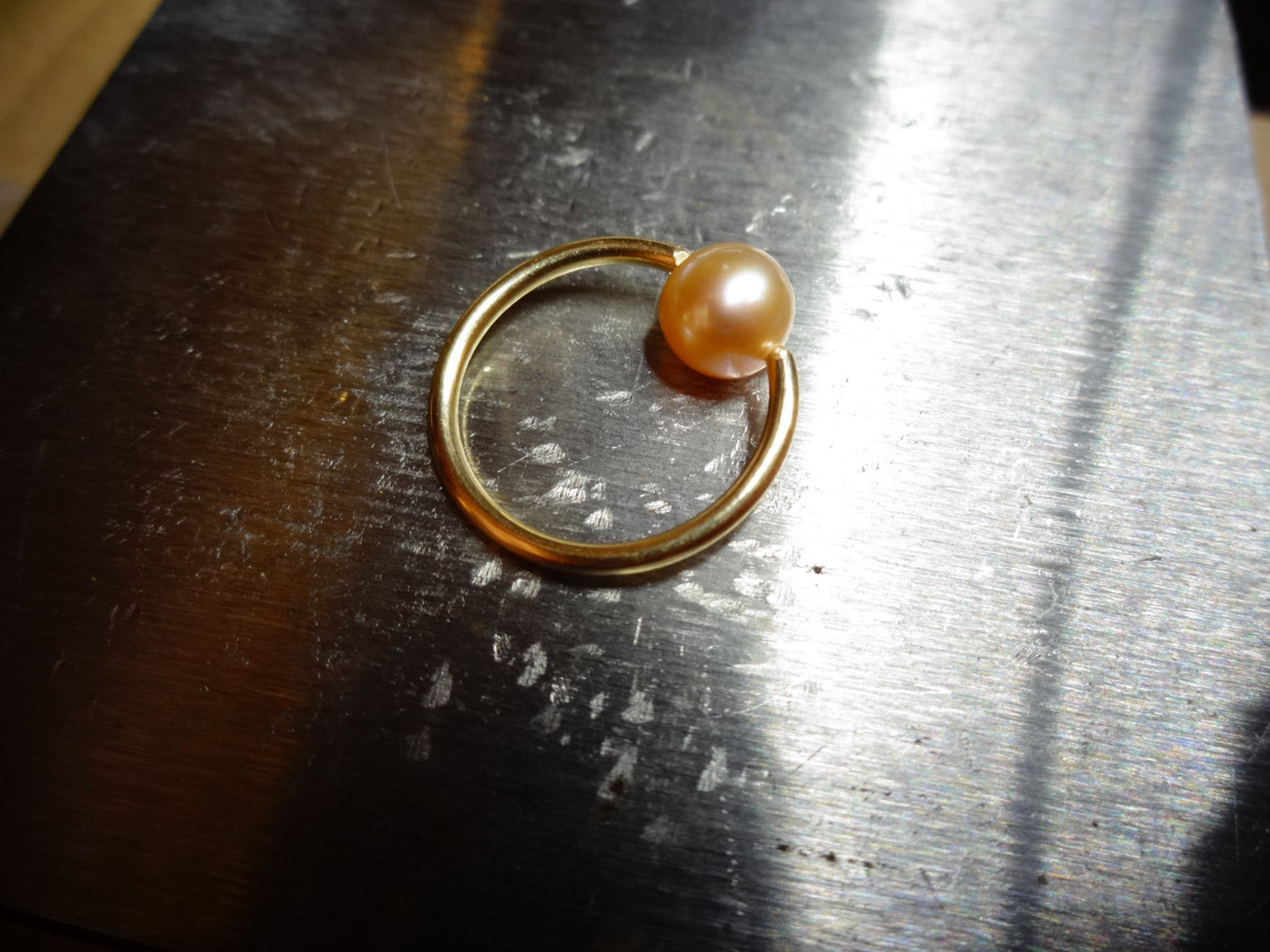 Peach Pearl Captive Bead Ring -16 ga Hoop - 14k Gold (Y, W, or R), Sterling Silver, or Platinum