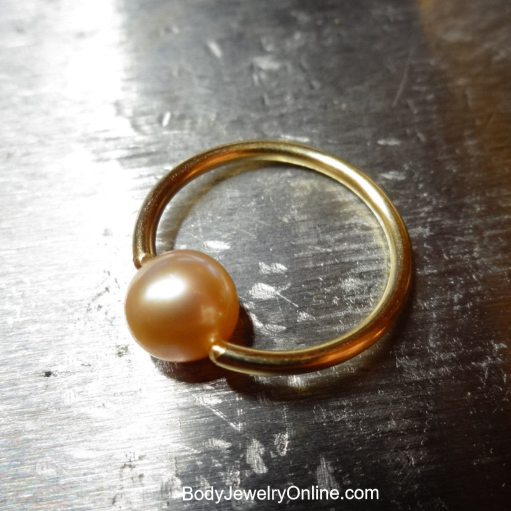 Peach Pearl Captive Bead Ring -16 ga Hoop - 14k Gold (Y, W, or R), Sterling Silver, or Platinum