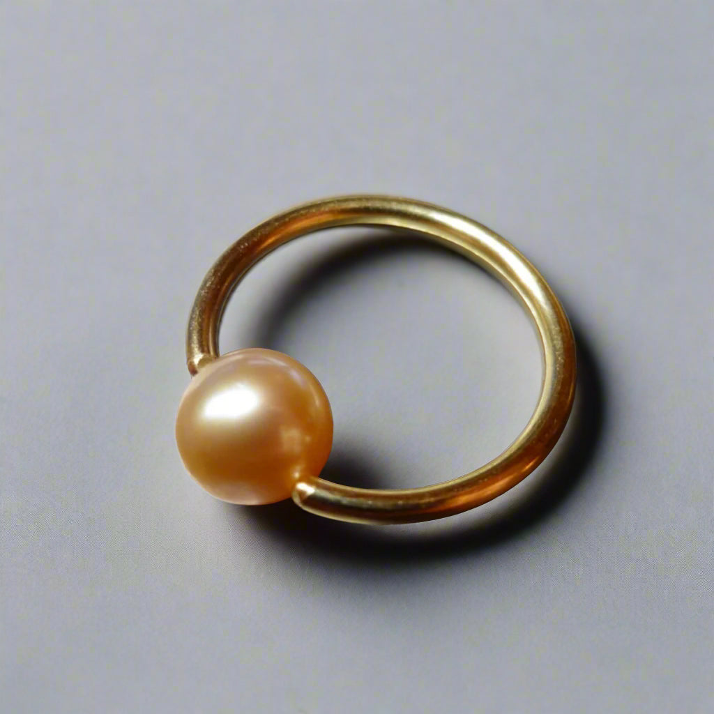 Peach Pearl Captive Bead Ring -16 ga Hoop - 14k Gold (Y, W, or R), Sterling Silver, or Platinum