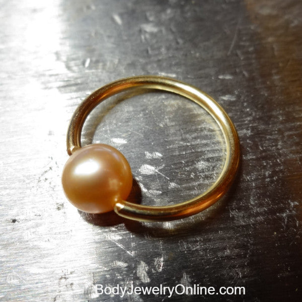 Peach Pearl Captive Bead Ring -14 ga Hoop - 14k Gold (Y, W, or R), Sterling Silver, or Platinum