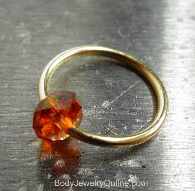 Captive Bead Ring made with AMBER Swarovski Crystal - 14 ga Hoop - 14k Gold (Y, W, or R), Sterling Silver, or Platinum