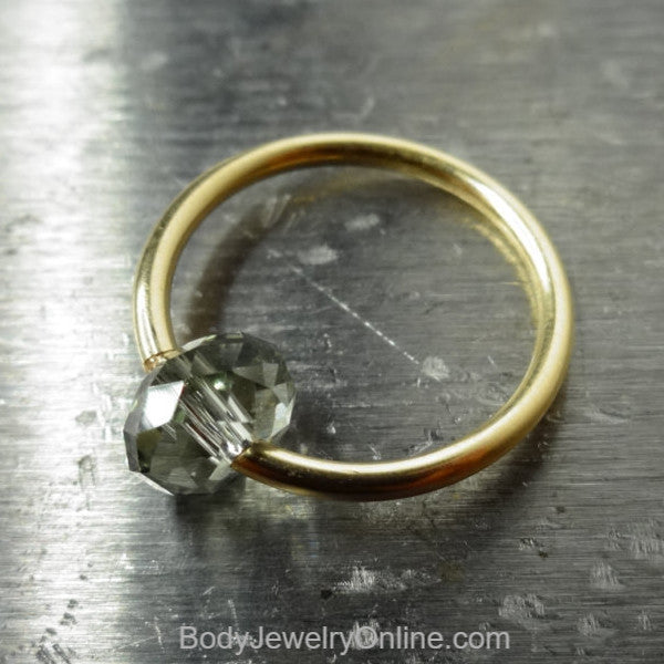 Captive Bead Ring made with GRAY Swarovski Crystal - 16 ga Hoop - 14k Gold (Y, W, or R), Sterling Silver, or Platinum