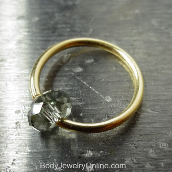 Captive Bead Ring made with GRAY Swarovski Crystal - 14 ga Hoop - 14k Gold (Y, W, or R), Sterling Silver, or Platinum