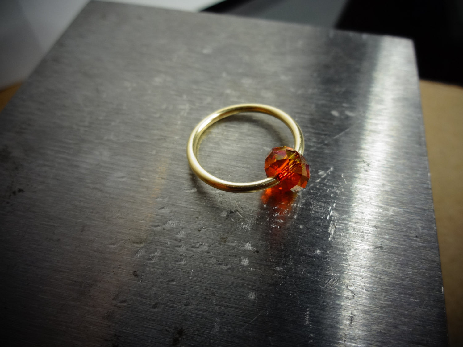 Captive Bead Ring made with AMBER Swarovski Crystal - 14 ga Hoop - 14k Gold (Y, W, or R), Sterling Silver, or Platinum