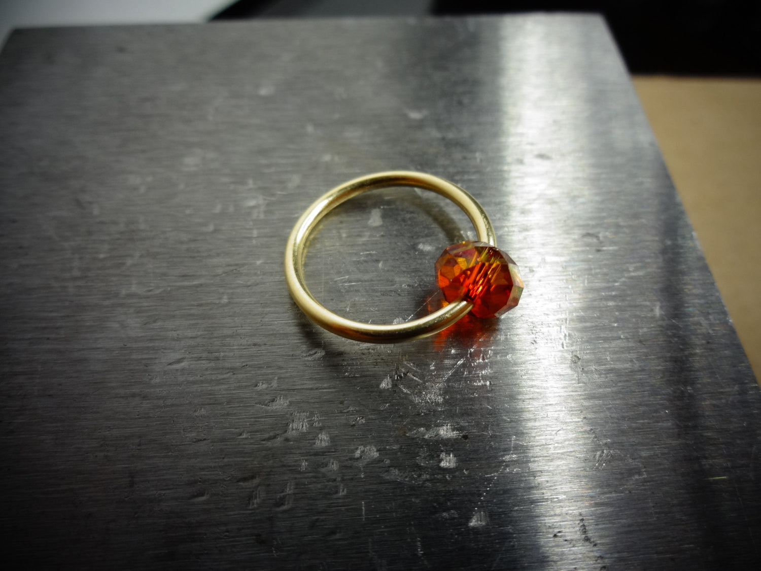 Captive Bead Ring made with AMBER Swarovski Crystal - 14 ga Hoop - 14k Gold (Y, W, or R), Sterling Silver, or Platinum