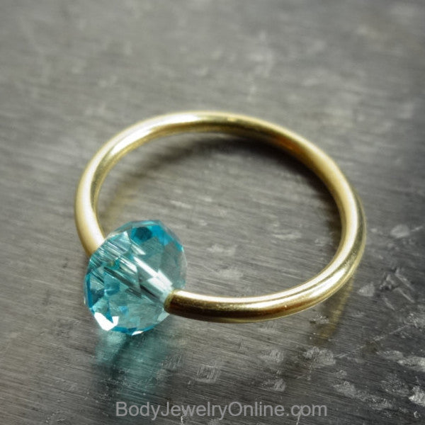 Captive Bead Ring made with BLUE TOPAZ Swarovski Crystal - 14 ga Hoop - 14k Gold (Y, W, or R), Sterling Silver, or Platinum