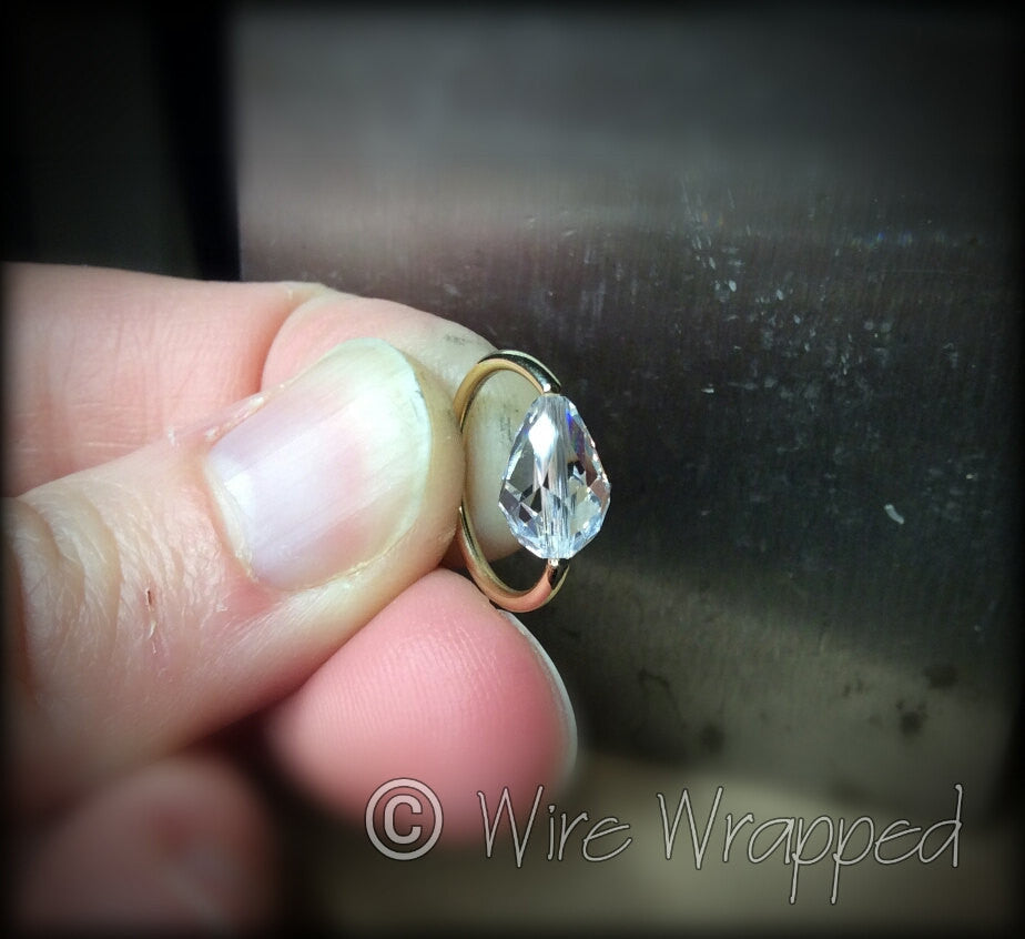 Captive Bead Ring made with CLEAR Swarovski Drop Crystal - 14 ga Hoop - 14k Gold (Y, W, or R), Sterling Silver, or Platinum
