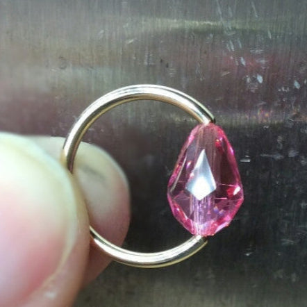 Captive Bead Ring made with PINK Swarovski Drop Crystal - 14 ga Hoop - 14k Gold (Y, W, or R), Sterling Silver, or Platinum