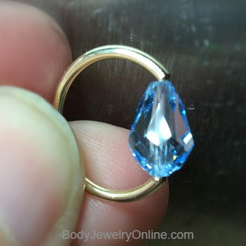 Captive Bead Ring made with Lt BLUE Swarovski Drop Crystal - 16 ga Hoop - 14k Gold (Y, W, or R), Sterling Silver, or Platinum