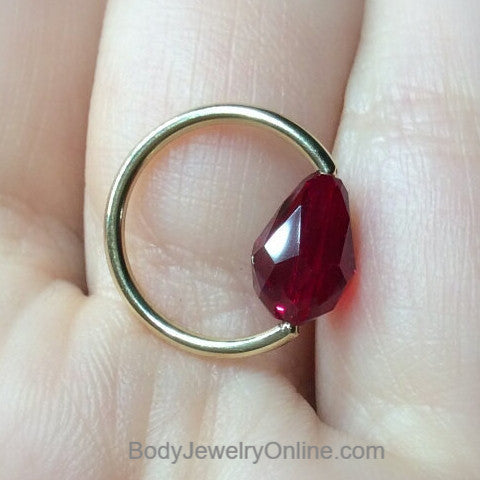 Captive Bead Ring w/ Ruby RED Swarovski Drop Crystal - 14 ga Hoop - 14k Gold (Y, W, or R), Sterling Silver, or Platinum