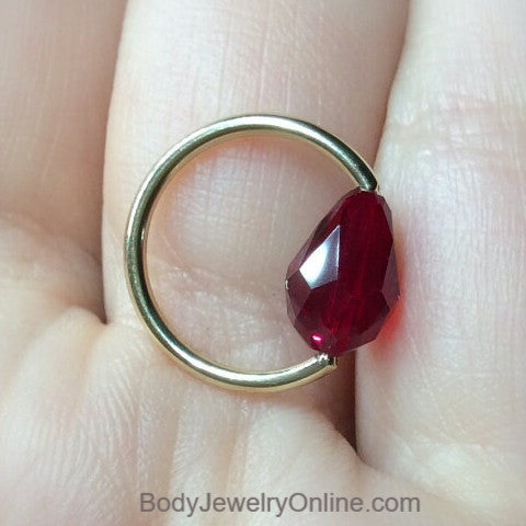 Captive Bead Ring w/ Ruby RED Swarovski Drop Crystal - 16 ga Hoop - 14k Gold (Y, W, or R), Sterling Silver, or Platinum