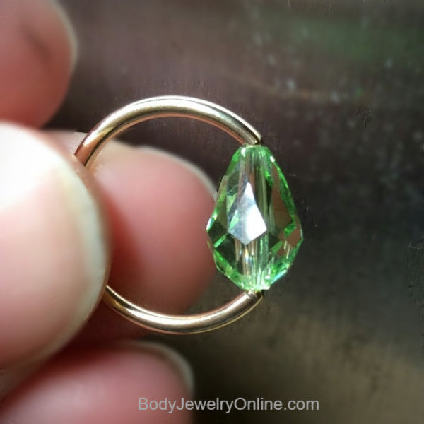 Captive Bead Ring made with Lt GREEN Swarovski Drop Crystal - 16 ga Hoop - 14k Gold (Y, W, or R), Sterling Silver, or Platinum