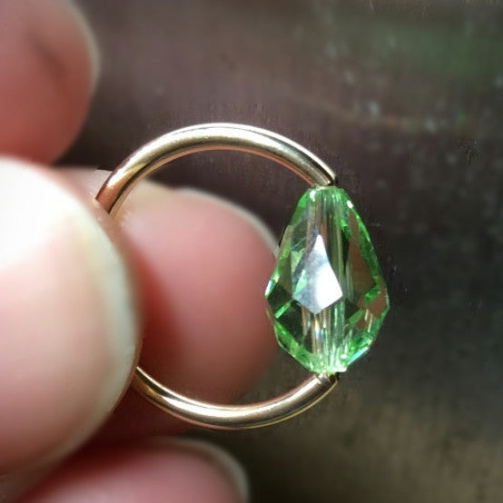 Captive Bead Ring made with Lt GREEN Swarovski Drop Crystal - 16 ga Hoop - 14k Gold (Y, W, or R), Sterling Silver, or Platinum