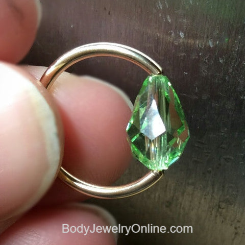 Captive Bead Ring made with Lt GREEN Swarovski Drop Crystal - 14 ga Hoop - 14k Gold (Y, W, or R), Sterling Silver, or Platinum