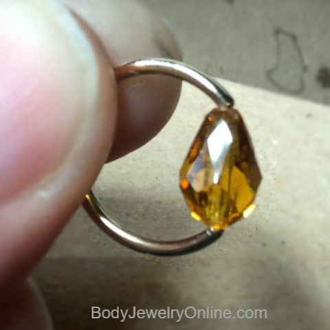 Captive Bead Ring made with ORANGE Swarovski Drop Crystal - 14 ga Hoop - 14k Gold (Y, W, or R), Sterling Silver, or Platinum