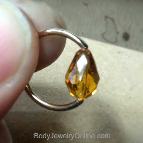 Captive Bead Ring made with ORANGE Swarovski Drop Crystal - 16 ga Hoop - 14k Gold (Y, W, or R), Sterling Silver, or Platinum