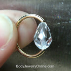 Captive Bead Ring CBR made with CLEAR Swarovski Drop Crystal - 16 ga Hoop - 14k Gold or Platinum