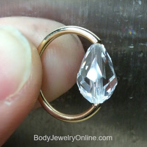 Captive Bead Ring CBR made with CLEAR Swarovski Drop Crystal - 14 ga Hoop - 14k Gold or Platinum
