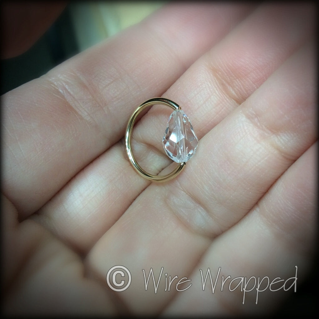 Captive Bead Ring made with CLEAR Swarovski Drop Crystal - 16 ga Hoop - 14k Gold (Y, W, or R), Sterling Silver, or Platinum