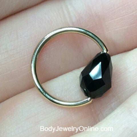 Captive Bead Ring made with BLACK Swarovski Drop Crystal - 14 ga Hoop - 14k Gold (Y, W, or R), Sterling Silver, or Platinum