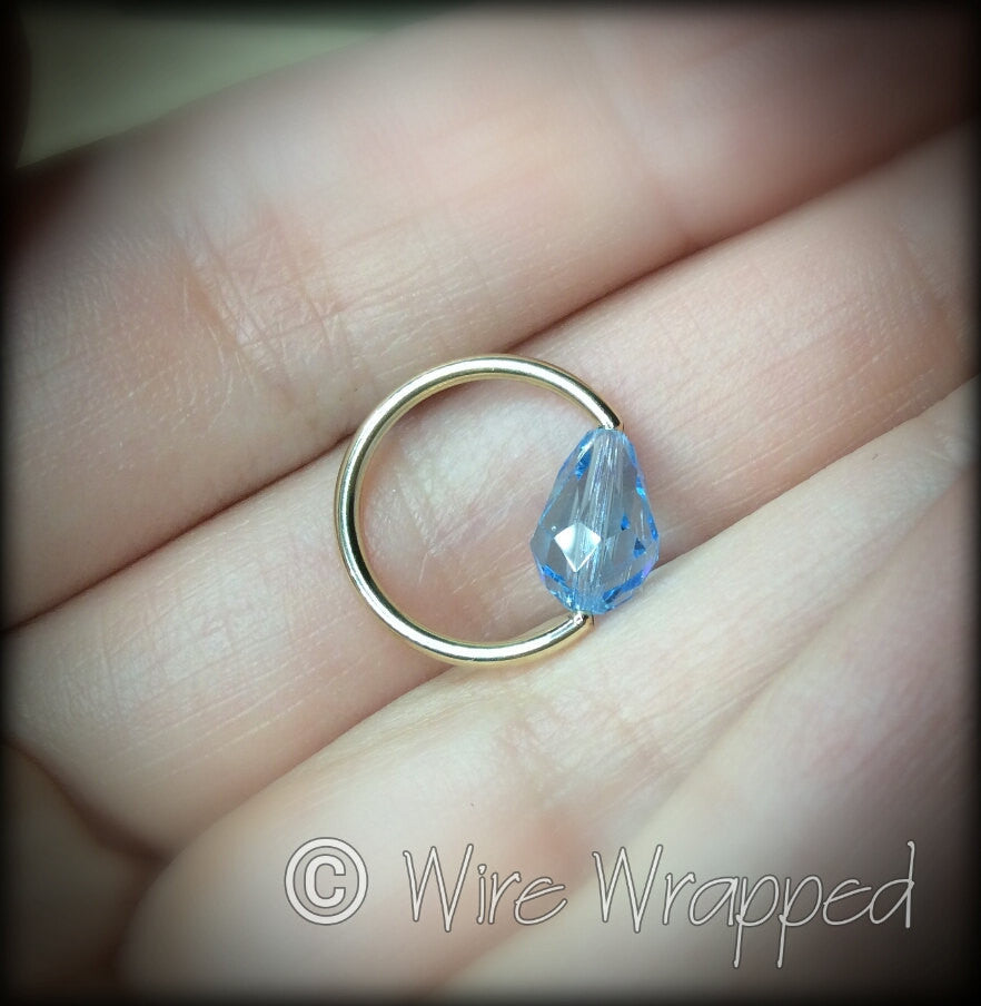 Captive Bead Ring made with Lt BLUE Swarovski Drop Crystal - 14 ga Hoop - 14k Gold (Y, W, or R), Sterling Silver, or Platinum