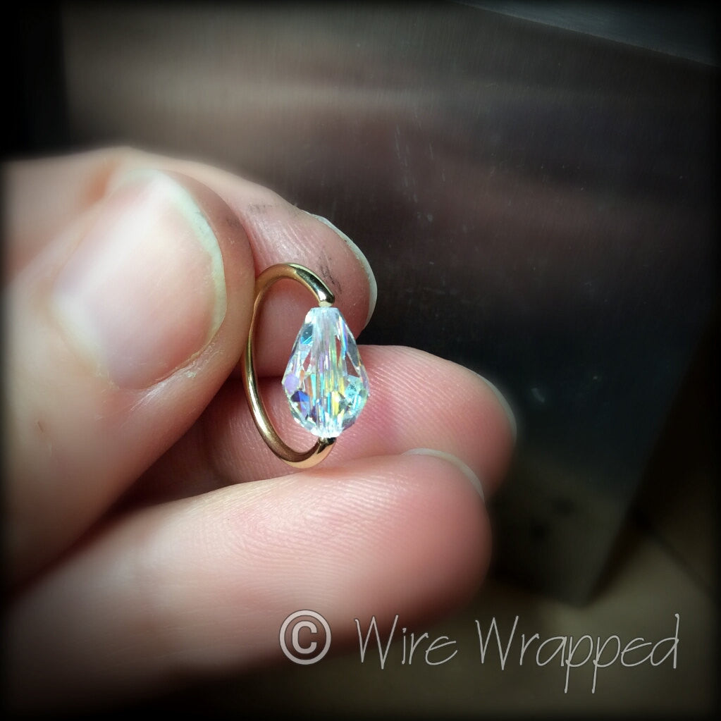 Captive Bead Ring CBR made with AB Clear Swarovski Drop Crystal - 14 ga Hoop - 14k Gold or Platinum