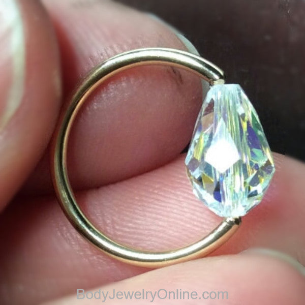 Captive Bead Ring made with AB Clear Swarovski Drop Crystal - 16 ga Hoop - 14k Gold (Y, W, or R), Sterling Silver, or Platinum