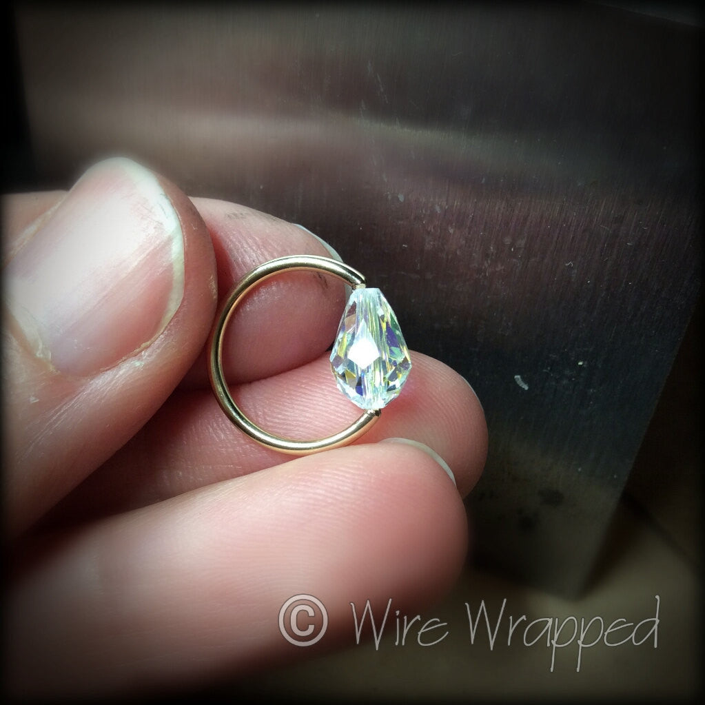 Captive Bead Ring made with AB Clear Swarovski Drop Crystal - 14 ga Hoop - 14k Gold (Y, W, or R), Sterling Silver, or Platinum