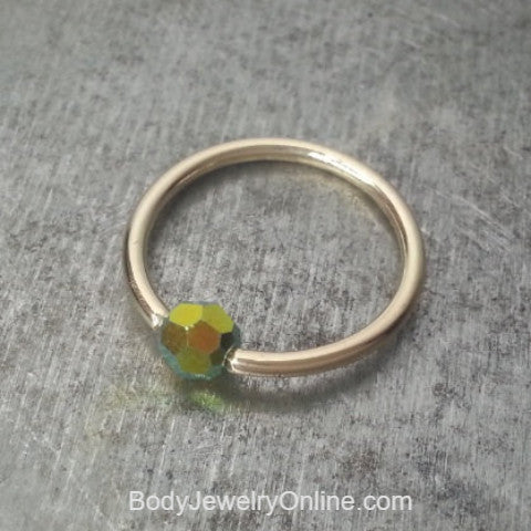 Captive Bead Ring w/ Swarovski Crystal 4mm Iridescent GRASS Fire AB - 16 ga Hoop - 14k Gold (Y, W, or R), Sterling Silver, or Platinum