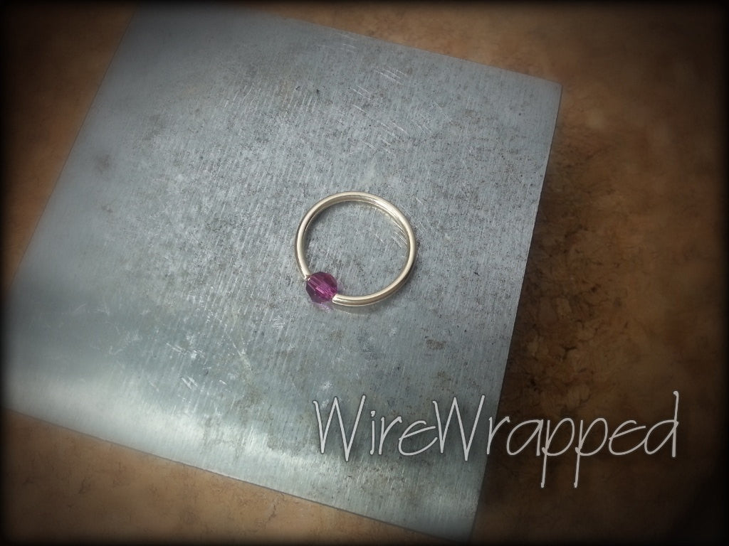Captive Bead Ring made with Hot PURPLE AB 4mm Swarovski Crystal - 16 ga Hoop - 14k Gold (Y, W, or R), Sterling Silver, or Platinum