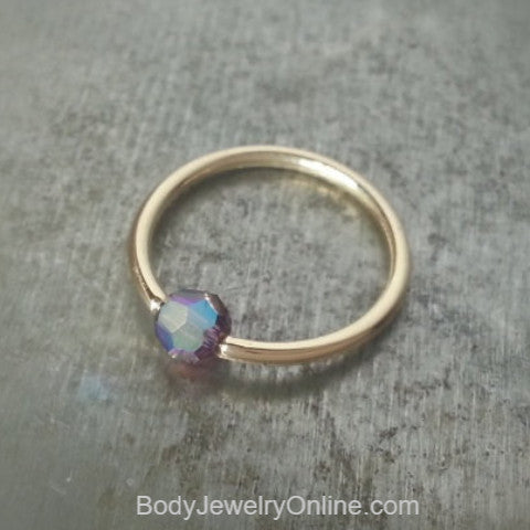 Captive Bead Ring w/ Swarovski Crystal 4mm IRIDESCENT Purple LAVENDER - 16 ga Hoop - 14k Gold (Y, W, or R), Sterling Silver, or Platinum