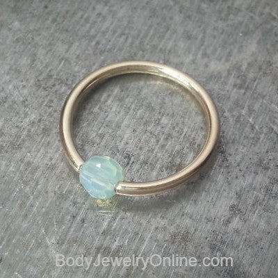 Captive Bead Ring CBR made with 4mm Sky BLUE OPAL Swarovski Crystal - 14 ga Hoop - 14k Gold or Platinum