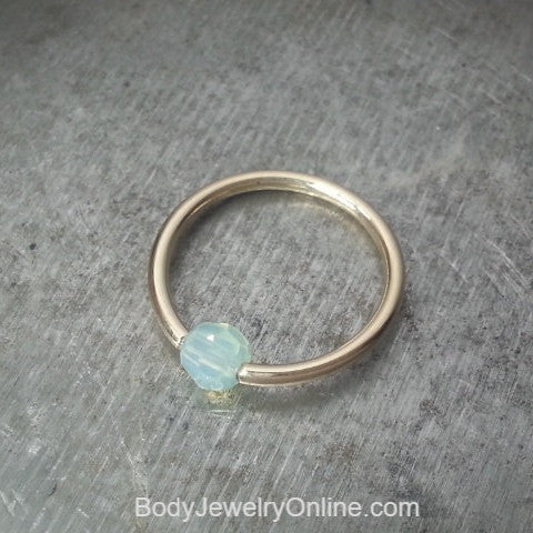 Captive Bead Ring w/ Sky BLUE OPAL Crystal 4mm - 16 ga Hoop - 14k Gold (Y, W, or R), Sterling Silver, or Platinum