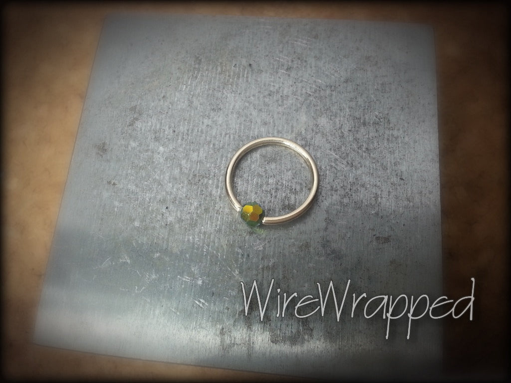 Captive Bead Ring w/ Swarovski Crystal 4mm Iridescent GRASS Fire AB - 16 ga Hoop - 14k Gold (Y, W, or R), Sterling Silver, or Platinum