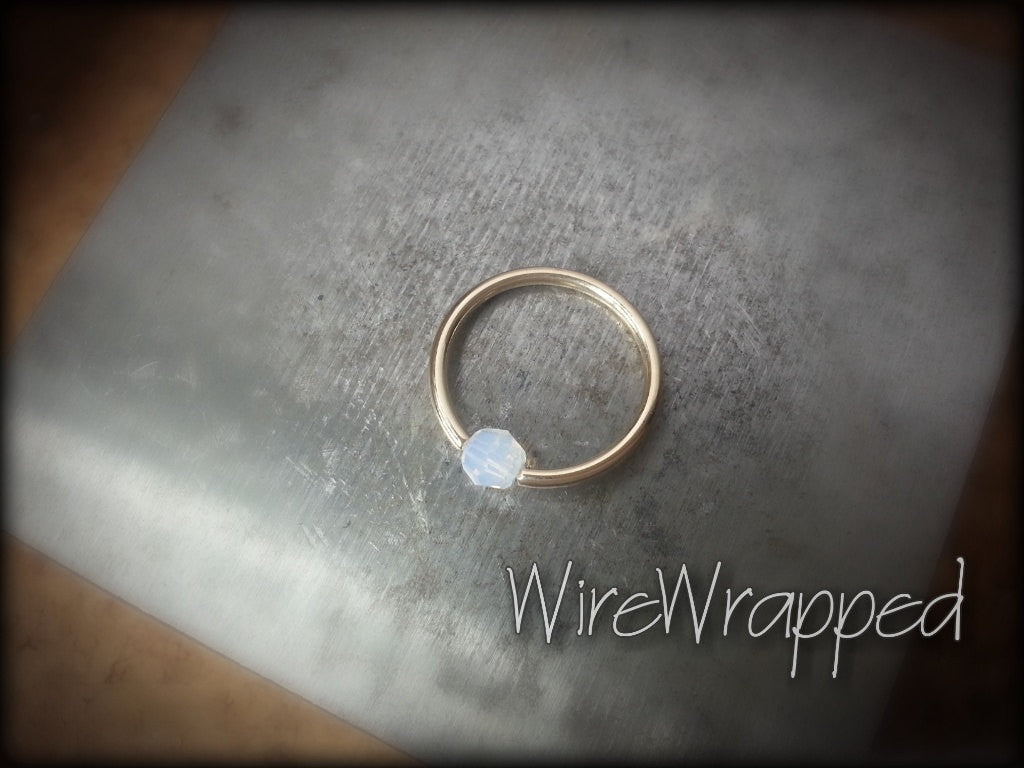 Captive Bead Ring made with 4mm WHITE OPAL Swarovski Crystal - 14 ga Hoop - 14k Gold (Y, W, or R), Sterling Silver, or Platinum