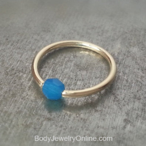 Captive Bead Ring CBR w/ Swarovski Crystal 4mm Ocean BLUE OPAL - 16 ga Hoop - 14k Gold or Platinum