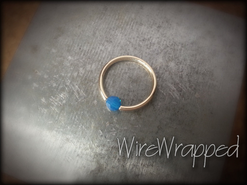 Captive Bead Ring w/ Swarovski Crystal 4mm Ocean BLUE OPAL - 14 ga Hoop - 14k Gold (Y, W, or R), Sterling Silver, or Platinum