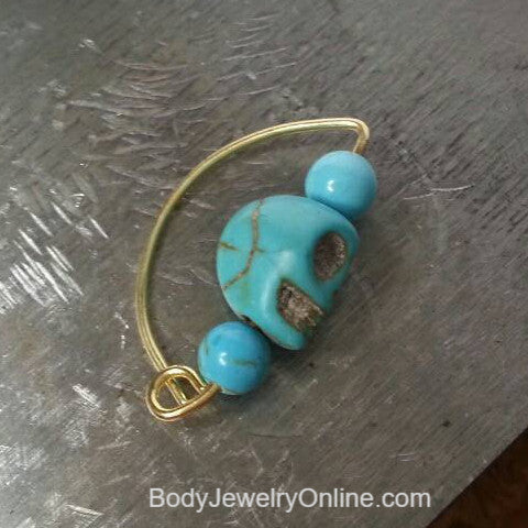 Navel Belly Ring Hoop - Turquoise Stone SKULL - Solid / Fill 14k Yellow, Pink, White Gold, Sterling Silver Skeleton