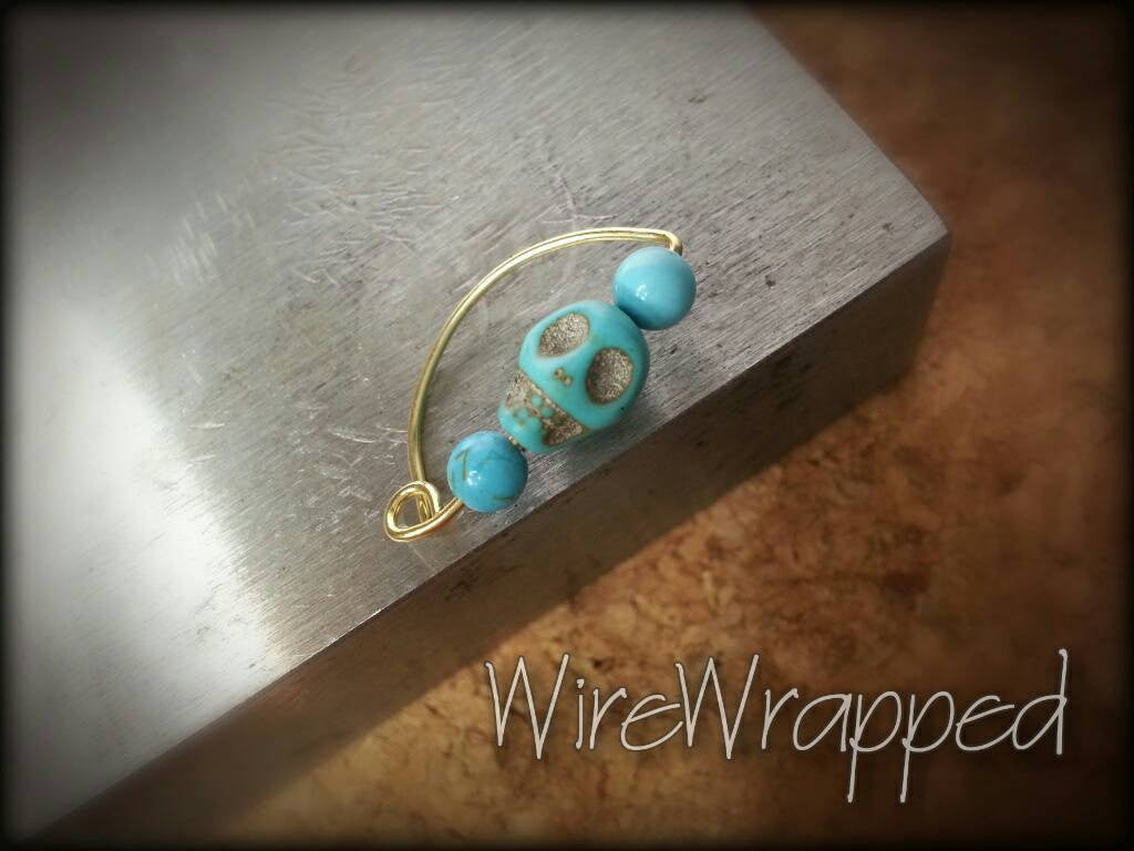 Navel Belly Ring Hoop - Turquoise Stone SKULL - Solid / Fill 14k Yellow, Pink, White Gold, Sterling Silver Skeleton