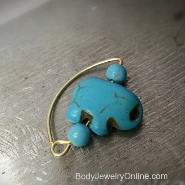 Navel Belly Ring Hoop - Turquoise Stone ELEPHANT - Solid / Fill 14k Yellow, Pink, White Gold, Sterling Silver