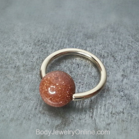 Goldstone Captive Bead Ring - 14 ga Hoop - 14k Gold (Y, W, or R), Sterling Silver, or Platinum