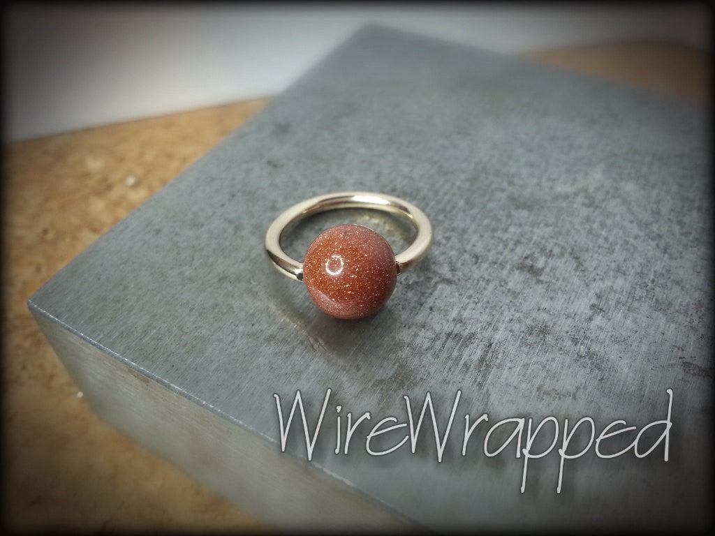 Goldstone Captive Bead Ring - 16 ga Hoop - 14k Gold (Y, W, or R), Sterling Silver, or Platinum