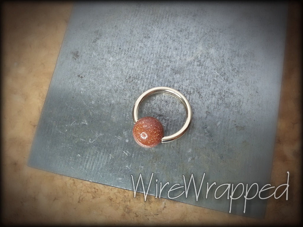 Goldstone Captive Bead Ring - 16 ga Hoop - 14k Gold (Y, W, or R), Sterling Silver, or Platinum