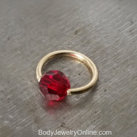 Captive Bead Ring CBR w/ RED Round Swarovski Crystal - 16 ga Hoop - 14k Gold or Platinum