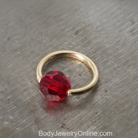 Captive Bead Ring w/ RED Round Swarovski Crystal - 16 ga Hoop - 14k Gold (Y, W, or R), Sterling Silver, or Platinum