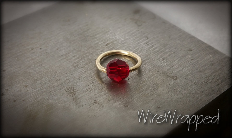 Captive Bead Ring CBR w/ RED Round Swarovski Crystal - 16 ga Hoop - 14k Gold or Platinum