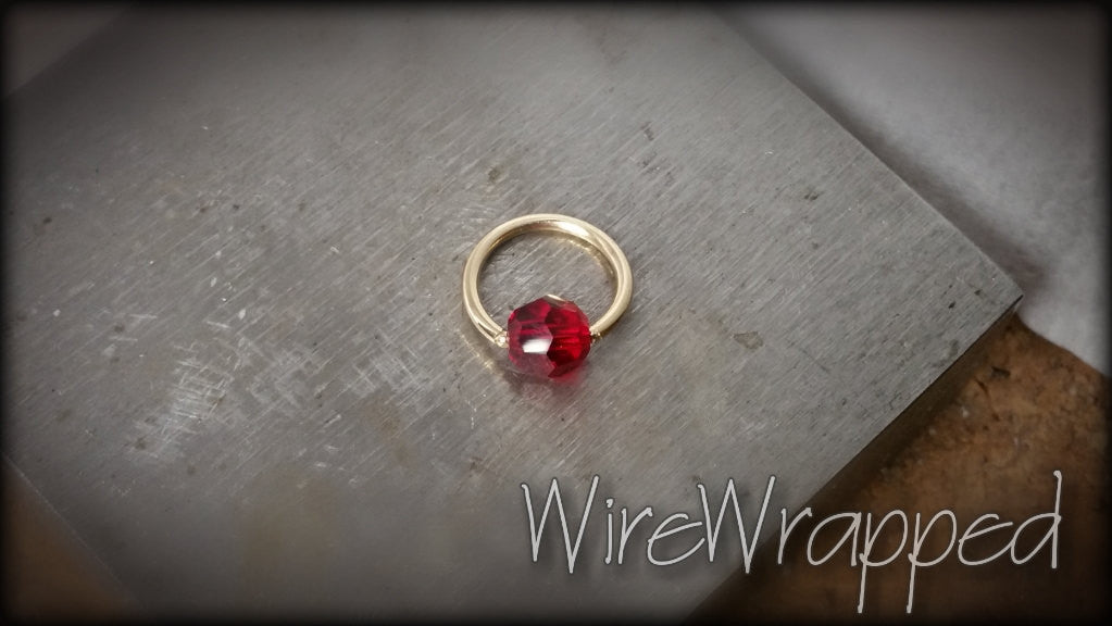 Captive Bead Ring w/ RED Round Swarovski Crystal - 16 ga Hoop - 14k Gold (Y, W, or R), Sterling Silver, or Platinum