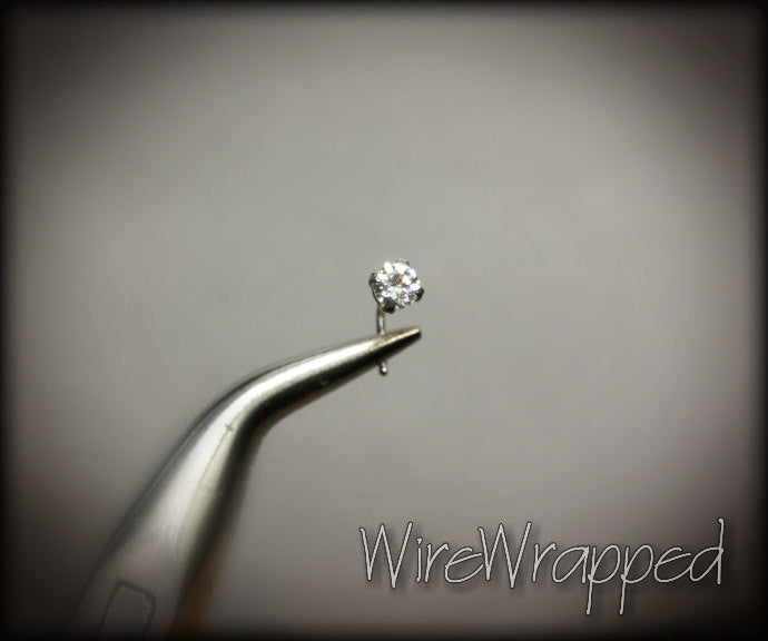 Nose Ring Stud Post w/ 3mm SWAROVSKI Crystal w/ Sterling Silver (Stamped) or 14k Yellow Gold Filled L-Post - White Clear Sparkly Crystal